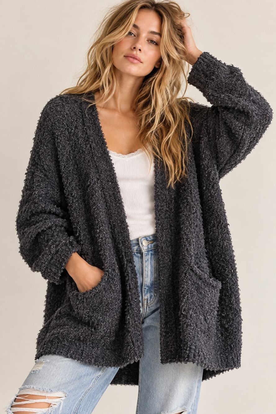 Free People Lofty Bouclé Open Front Cardigan Sweater Slouchy Oversized Pockets